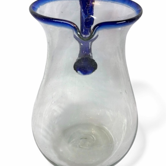 Hand Blown Art Glass Pitcher Cobalt Blue Rim Studio Glass Decor Collectible Vase - Picture 11 of 16